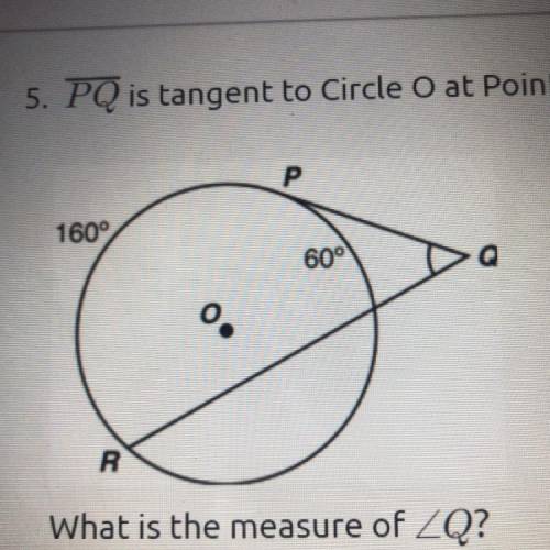 PO is tangent to Circle O at Point P with arc lengths 160 degrees and 60 degrees as shown below.