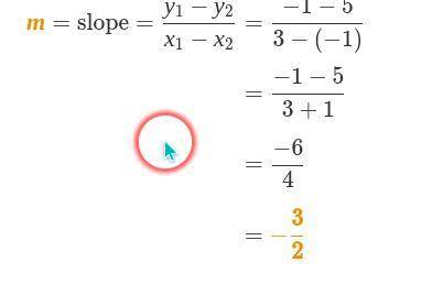 What is the equation of the line and a slope intercept form that passes through 3, -1 and -1, 5