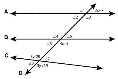 In the following diagram,

A
∥
B
.
Use complete sentences to explain how the special angles create