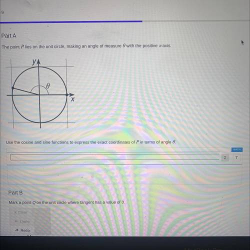 The point P lies on the unit circle, making an angle of 0 measure with the positive x-axis.