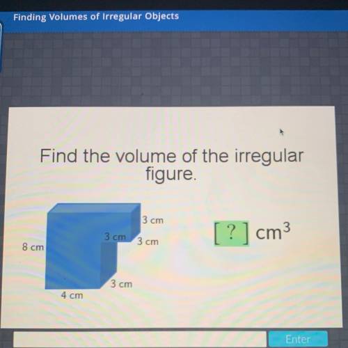 Find the volume of the irregular

figure.
3 cm
3 cm
?] cm3
3 cm
8 cm
3 cm
4 cm
