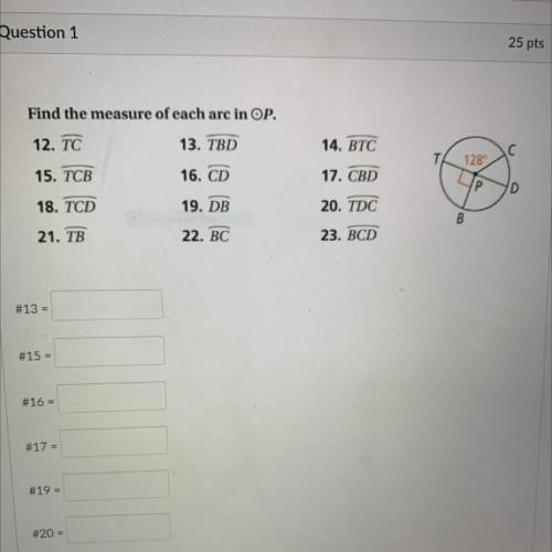 Find the measure of each arc in OP