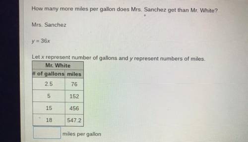 How many more miles per gallon does Mrs. Sanchez get than Mr. White?

Mrs. Sanchez
y = 36x
Let x r