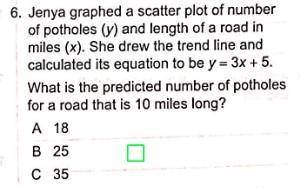 Jenya graphed a scatter plot of number of potholes (y) and length of a road in miles (x). She drew