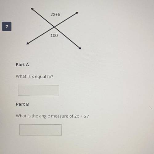 Part A- What is x equal to?
Part B- What is the angle measure of 2x + 6?