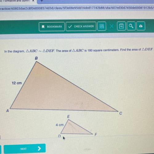In the diagram triangle ABC~DEF The area of ABC is 180 square centimeters. Find the area of DEF.