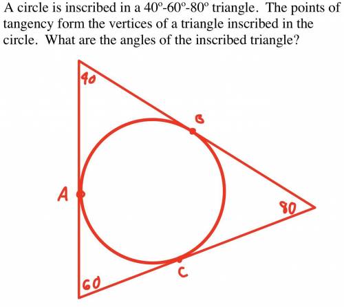 A circle is inscribed in a 40º-60º-80º triangle. The points of

tangency form the vertices of a tr