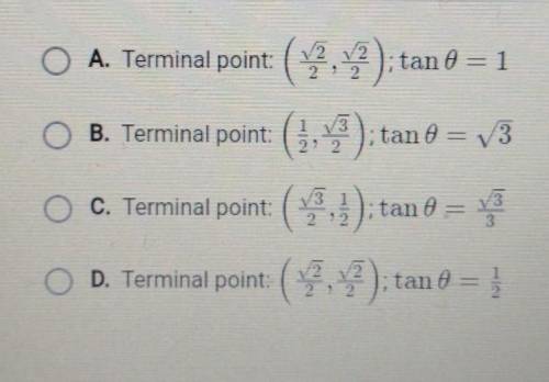 Question 3 of 10 0 = 4 radians. Identify the terminal point and tan ∅.​