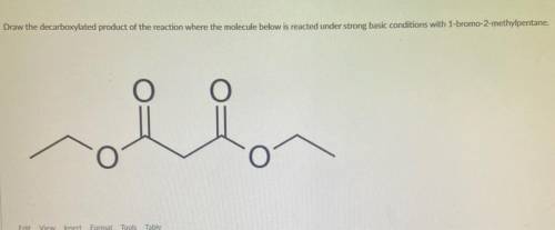 Draw the decarboxylated product of the reaction where the molecule below is reacted under strong ba