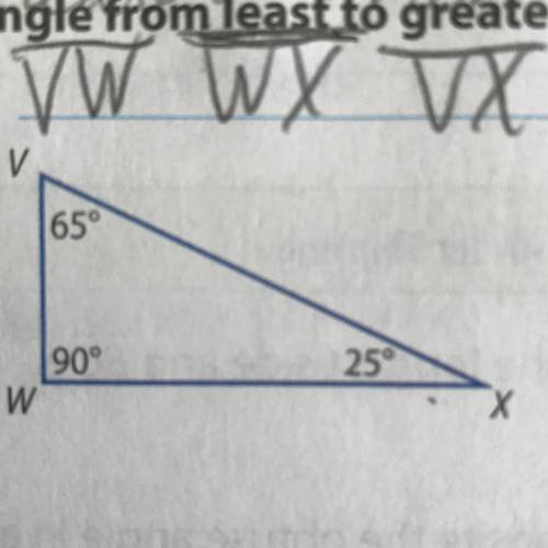 Order the sides or angles of each triangle from least to greatest. Must be like the picture above t