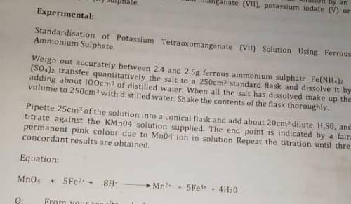 Calculate the molar concentration of Fe(NH4)2(SO4)2​.... The titre value is 8.57cm³