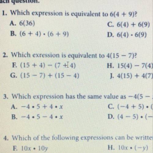 Which expression is equivalent to 6(4 + 9)?

A. 6(36)
C. 6(4) + 6(9)
B. (6 + 4). (6 + 9)
D. 6(4):6