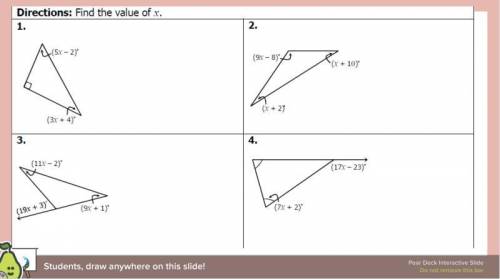 Find the value of x for each 4 questions