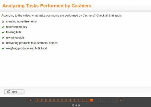 According to the video, what tasks commonly are performed by Cashiers? Check all that apply.

crea