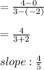=\frac{4-0}{3-(-2)} \\\\=\frac{4}{3+2} \\\\slope: \frac{4}{5}