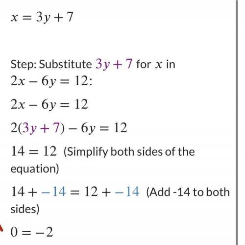 What is the solution to follow system of equations?
x-3y=7 
2x-6y=12