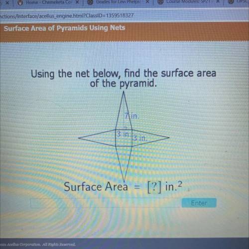 Using the net below, find the surface area

of the pyramid.
7 in.
13 in.3 in.
Pls help I’ve posted