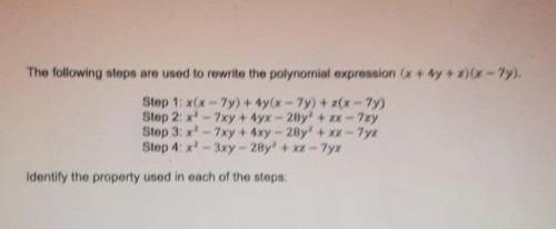 The following steps are used to rewrite the polynomial expression (x + 4y+z)(x-7y). Step 1: x(x - 7