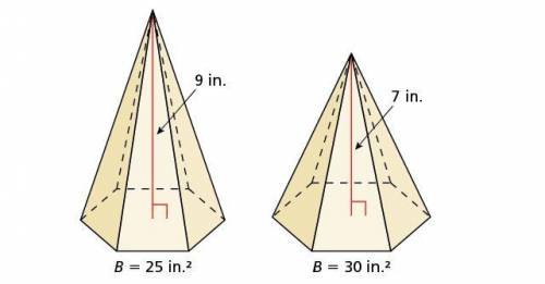The dimensions of two pyramids formed of sand are shown. How much more sand is in the pyramid with