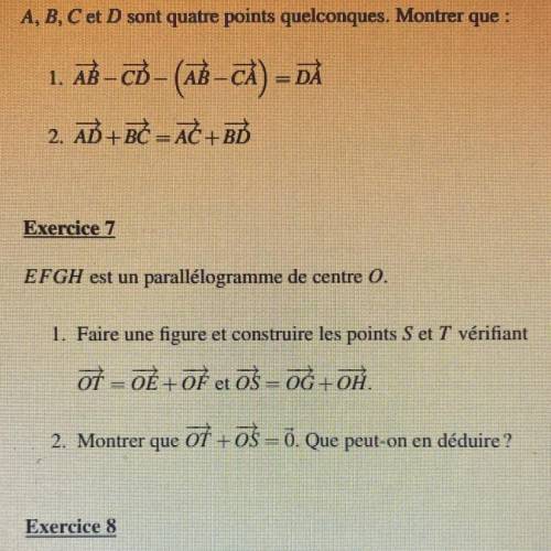 Exercice 7

EFGH est un parallélogramme de centre 0.
1. Faire une figure et construire les points