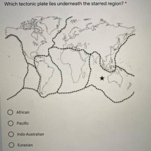 Which tectonic plate lies underneath the starred region? *

A. African
B. Pacific
C. Indo-Australi