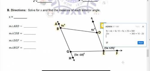 Identify the measures of exterior angle below. Let x = 15