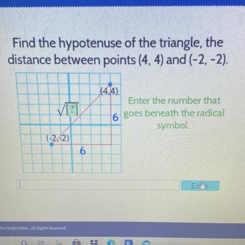 Find the hypotenuse of the triangle, the

distance between points (4, 4) and (-2,-2).
[?]
(4.4)
En