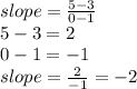 slope=\frac{5-3}{0-1} \\5-3=2\\0-1=-1\\slope=\frac{2}{-1} =-2