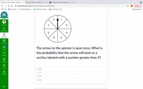 The arrow on the spinner is spun once. What is the probability that the arrow will land on a sectio