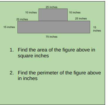 1. Find the area of the figure above in square inches

2. Find the perimeter of the figure above i