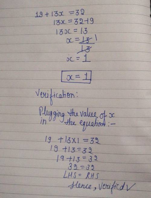 What is the solution to the equation?

19 + 13x = 32
Record your answer in the boxes
below.
00000.0
