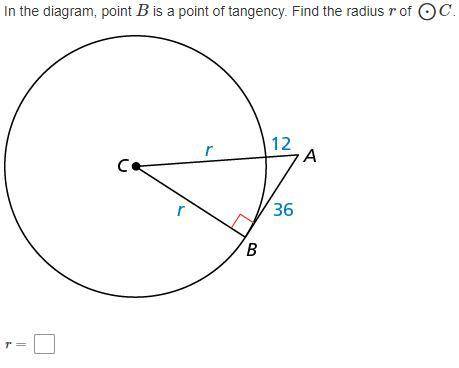 In the diagram, point B is a point of tangency. Find the radius r of ​⨀C.
