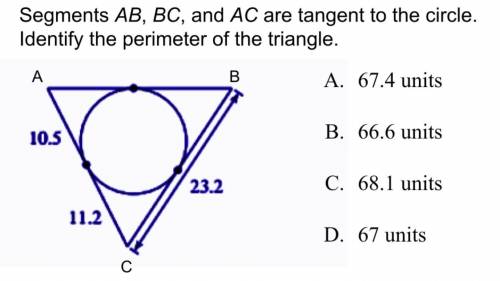 Segments AB, BC, and AC are tangent to the circle. Identify the perimeter of the triangle