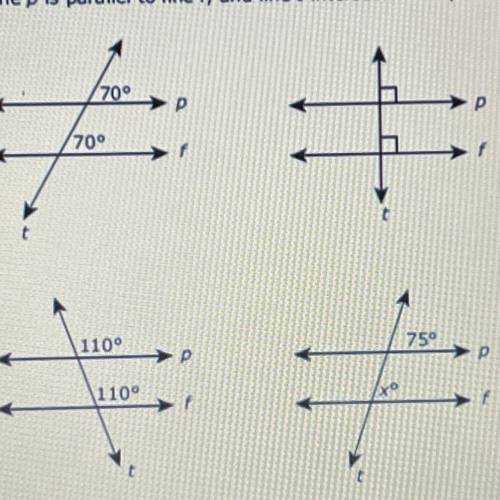 In each diagram, line p is parallel to line f, and line t intersects lines p and f.

Based on thes