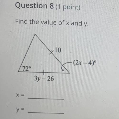 Please help i need to find the value of x and y and i have no clue how. thank you in advance:)))