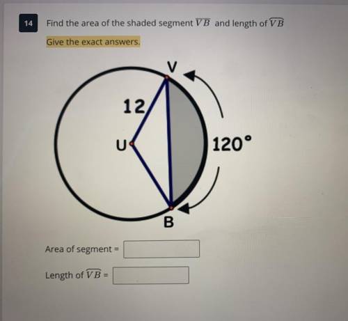 Find the area of the shaded segment VB and the curve VB