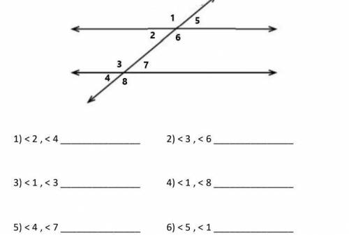 Identify each pair of angles in the diagram below as adjacent, vertical,

corresponding, alternate