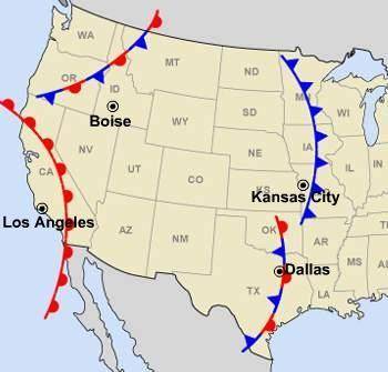Study the weather map.

Which fronts are moving through these cities?
Drag and drop a type of fron