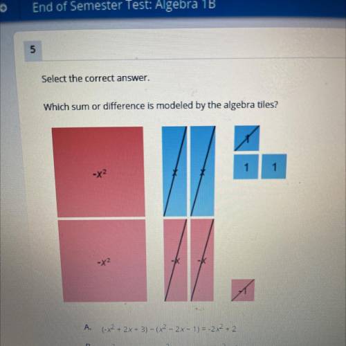 Which sum or difference is modeled by the algebra tiles ?