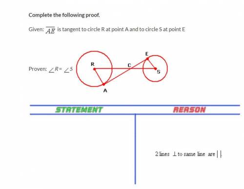 Complete the following proof.

Given: AE is tangent to circle R at point A and to circle S at poin
