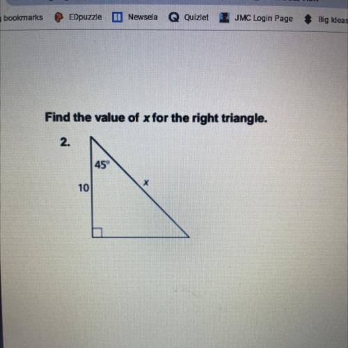 Find the value of x for the right triangle.
45°
х
10