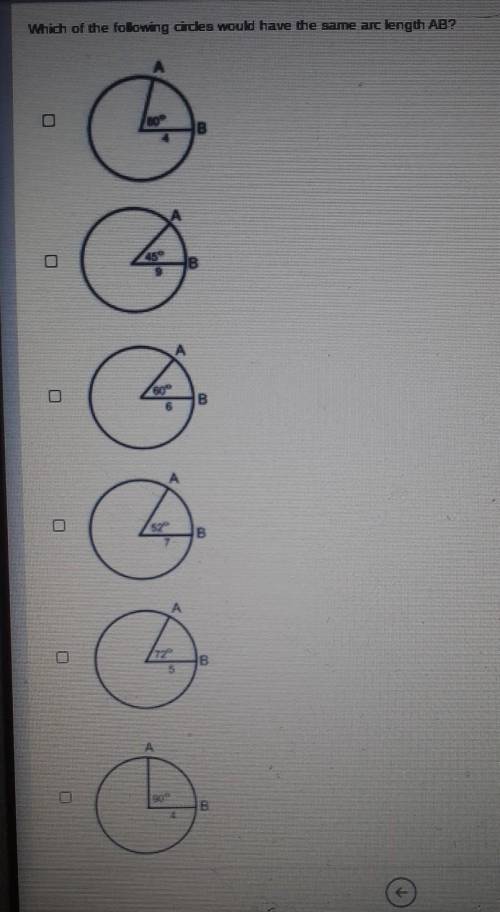 Which of the following circles would have the same arc length of AB?​