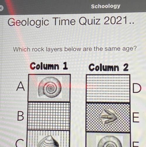 Which rock layers below are the same age?

Column 1
Column 2
A А.
D
B.
E
С C
F.