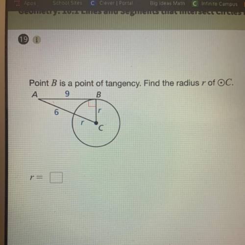 Point B is a point of tangency. Find the radius r of OC.
А 9
B
r
n
