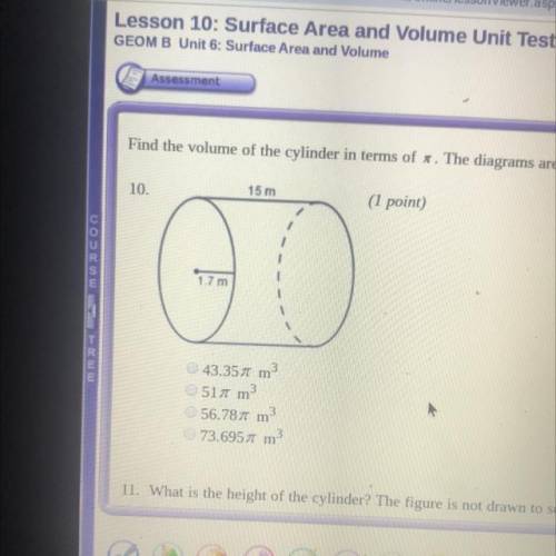 Find the volume of the cylinder in terms of pi the diagram is not drawn to Scale