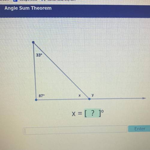 Angle Sum Theorem
33°
87°
х
у
X = [? ]
please help! I will mark brainlest!!