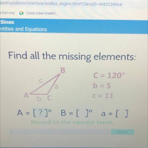 Find all the missing elements : C=120degrees
b= 5
c=11