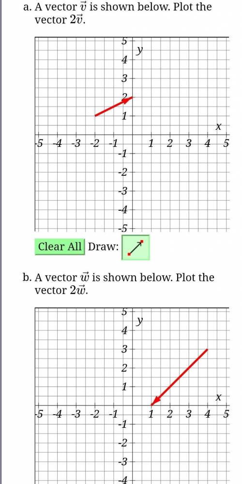 A vector →v is shown below. Plot the vector →2v.

A vector →w is shown below. Plot the vector →2w.
