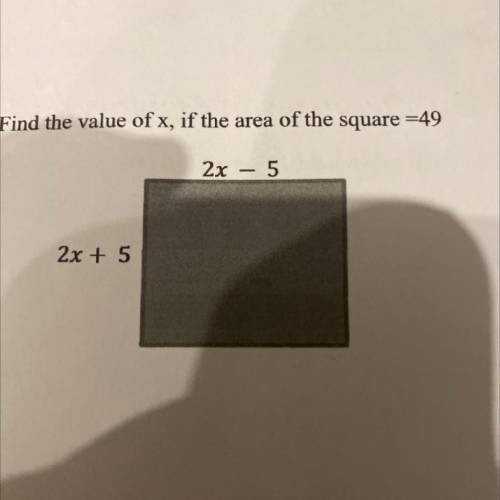 Find the value of x, if the area of the square = 49