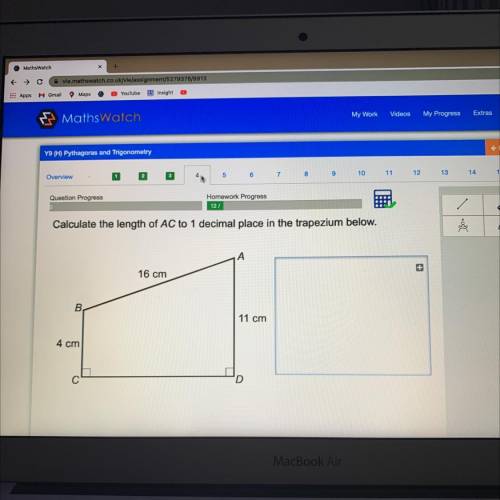 Calculate the length of AC to 1 decimal place in the trapezium below.

A
---
16 cm
B
11 cm
4 cm
C